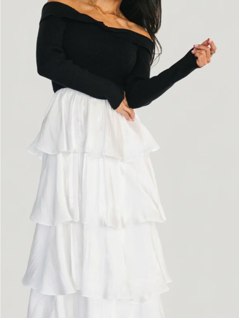 Baltic Born Black Knit Top with White Tiered Ruffle Maxi Skirt